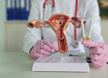 A healthcare worker in gloves demonstrates a model of the female reproductive system while holding cigarettes